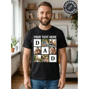 Personalized Custom Photo And Text Men'S Short Sleeve T-Shirt, Casual Crew Neck Graphic Tee Top. Design Meaningful Father'S Day Birthday Gifts with Family Pictures. Comfortable Breathable Blends for E