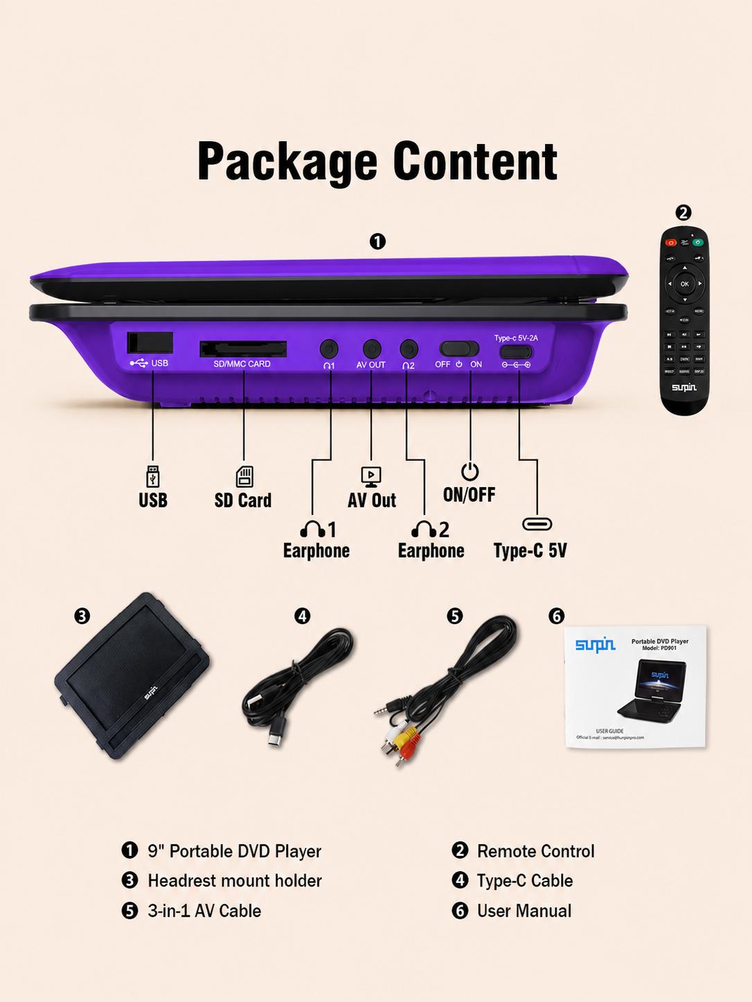 [SUNPIN] Portable DVD Player (11.5in, 9.5in Swivel LCD Display) with Anti-Skip Play, 5-Hour Battery, Remote Control with Buttons, Dual Earphone Jacks, Stereo Audio, Multi-Format CD Player, Type-C Plug, USB/TF Card Support for Car, Kids, Video Player, Mult
