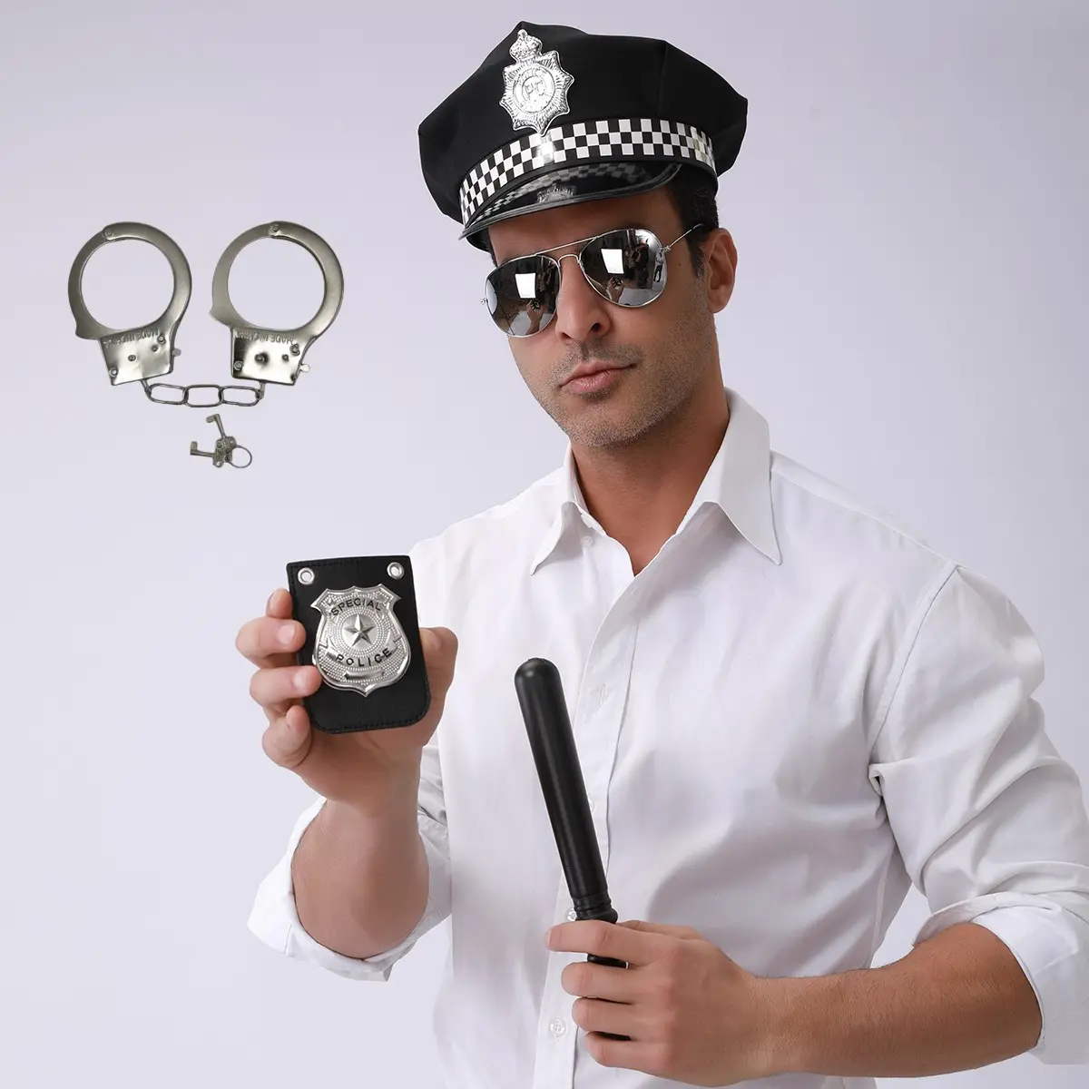 Police Cosplay Costume Set, 5 Pieces, Hat + Glasses + Badge + Fake Baton + Handcuffs, Couple Gift, Festive Party Props, Birthday, Music Festival