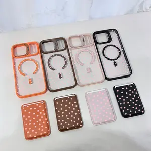 Pink Polka Dot MagSafe-Compatible Clear Smartphone Case with Magnetic Card Holder Wallet, Shockproof Cellphone Protector Cover for iPhone 17/16 Pro Max, Phone Accessories Bundle with Screen Protector