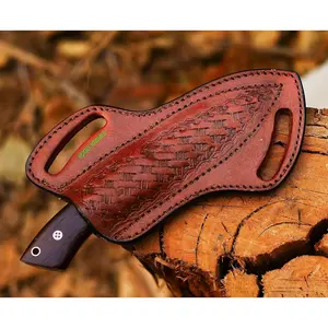 Leather Knife Sheath For Belt Slanted Pancake Sheath Tooled Leather Sheath Beautiful Cow Boy 4 to 6 inches Skinner Knife 100% Real Leather Cover (BROWN)