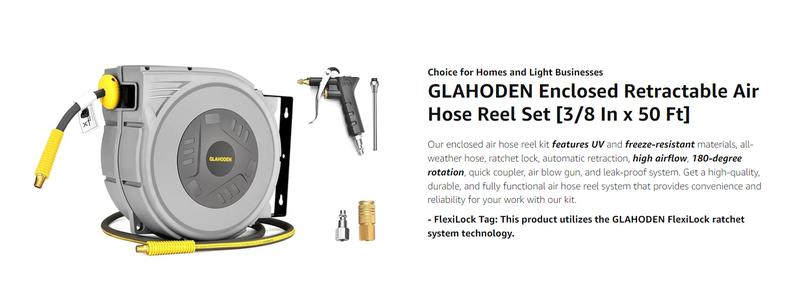 GLAHODEN Upgraded Retractable Air Hose Reel,MAX 3/8IN x 100FT Hybrid Air Hose Max 300PSl, AirCompressor Hose Reel Auto-Rewind with 6.6 FTLead in, Ceiling/Wall Mount Enclosed Pp Reel &Built-in 180° Swivel Bracket，TikTokShopBlackFriday
