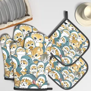 4pcs Oven Mitts and Potholders, Heat Resistant, Kitten Shark Coat Design, Ideal for Grilling, Cooking, Baking, Microwave, Kitchen Decor Gift