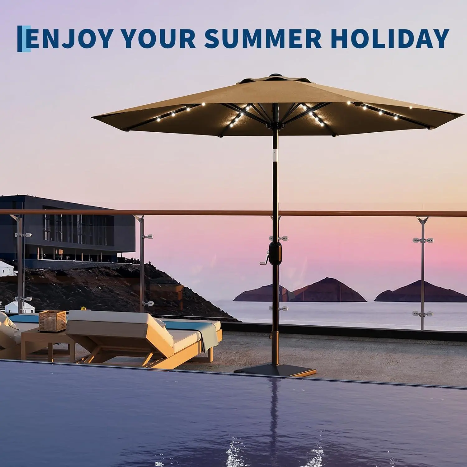 9 FT Patio Umbrella - UV-Treated Canopy Parasol with 8 Durable Ribs, Adjustable Tilt, Crank System, Waterproof Outdoor Fabric, Solar Illuminated LED Lights, Sun Protection for Garden, Backyard, Uv-Treated Parasols, Canopy Parasols