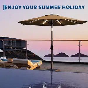 9 FT Patio Umbrella, Sun Parasol Umbrella with 8 Durable Ribs, Adjustable Tilt Sunshade Canopy, Crank System Mechanism, Waterproof & UV Resistant Outdoor Shade Canopy, LED Lights, for Garden, Backyard,summervibes