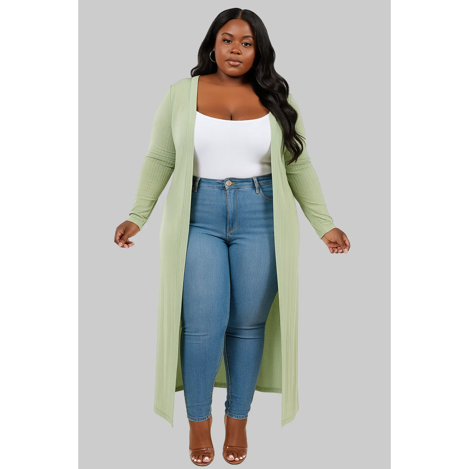 Women's Mint To Be Longline Ribbed Duster Fitted Knitted Cardigan Top - Longsleeves, Knee-Length, Solid Knitting, Daily Elegance, Elongated Women's Cardigans, Basic Casual Minimalist Winter Outfit