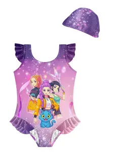 ✨Dreamy Glitter Style Kids Swimsuit, Girl Group & Magic Cat Print Ruffle Sleeve, Perfect for Pool & Beach Fun