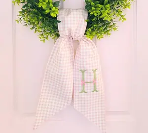 Pink Gingham Plaid Monogrammed Wreath Sash For Front Door - Personalized Embroidered Valentine's Spring Home Decor