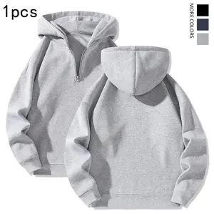 Men's solid-color half-zip hooded sweatshirt, casual plain-colored long-sleeved pullover hoodie men's clothing, autumn outfit, fall/winter clothing, street wear, men's clothing, men's daily casual wear, multi-scenario dressing