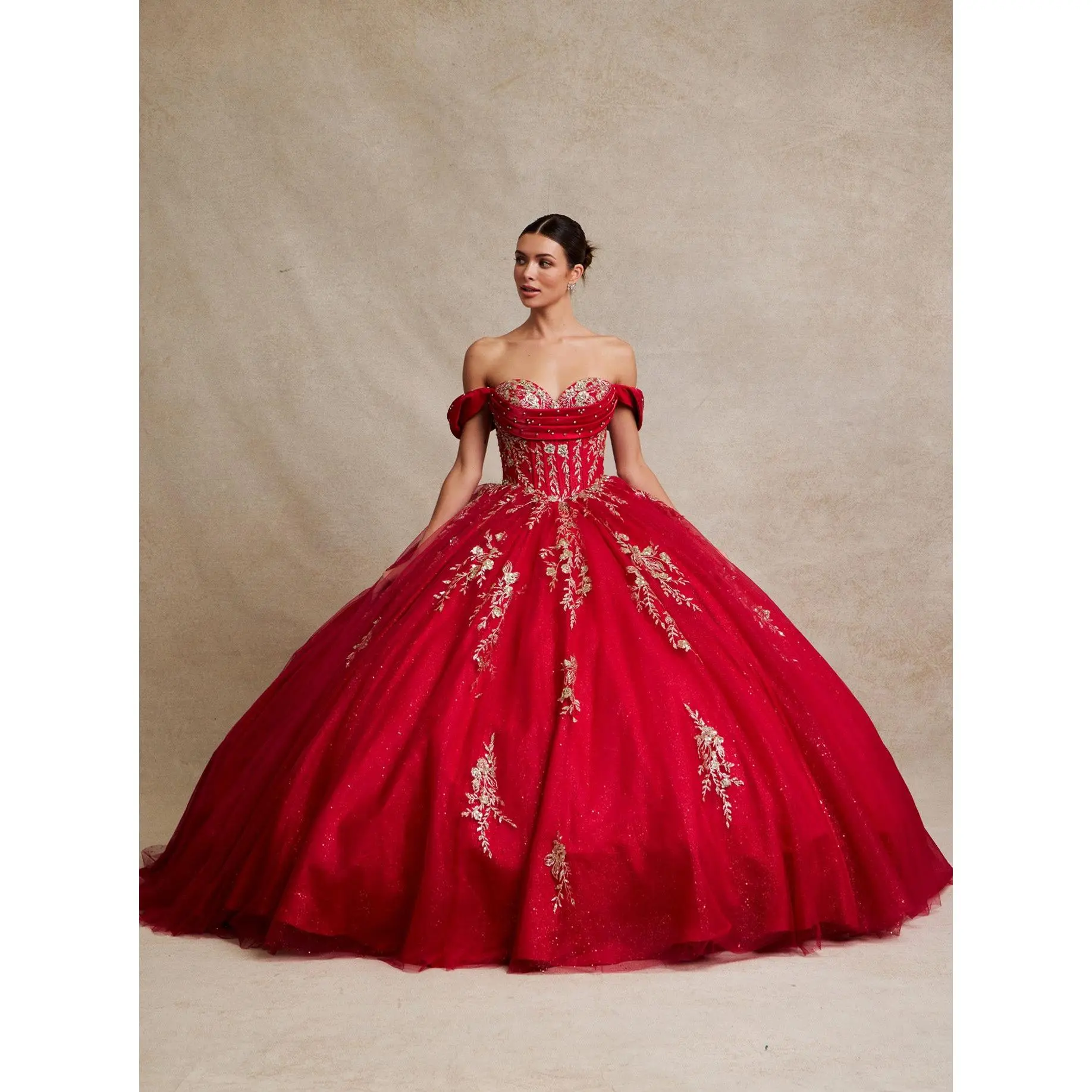Red and Gold Off-Shoulder Quinceañera Ball Gown with Embroidery & Glitter Tulle - SIKLQ1035