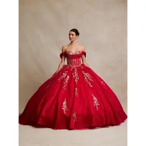 Red and Gold Off-Shoulder Quinceañera Ball Gown with Embroidery & Glitter Tulle - SIKLQ1035