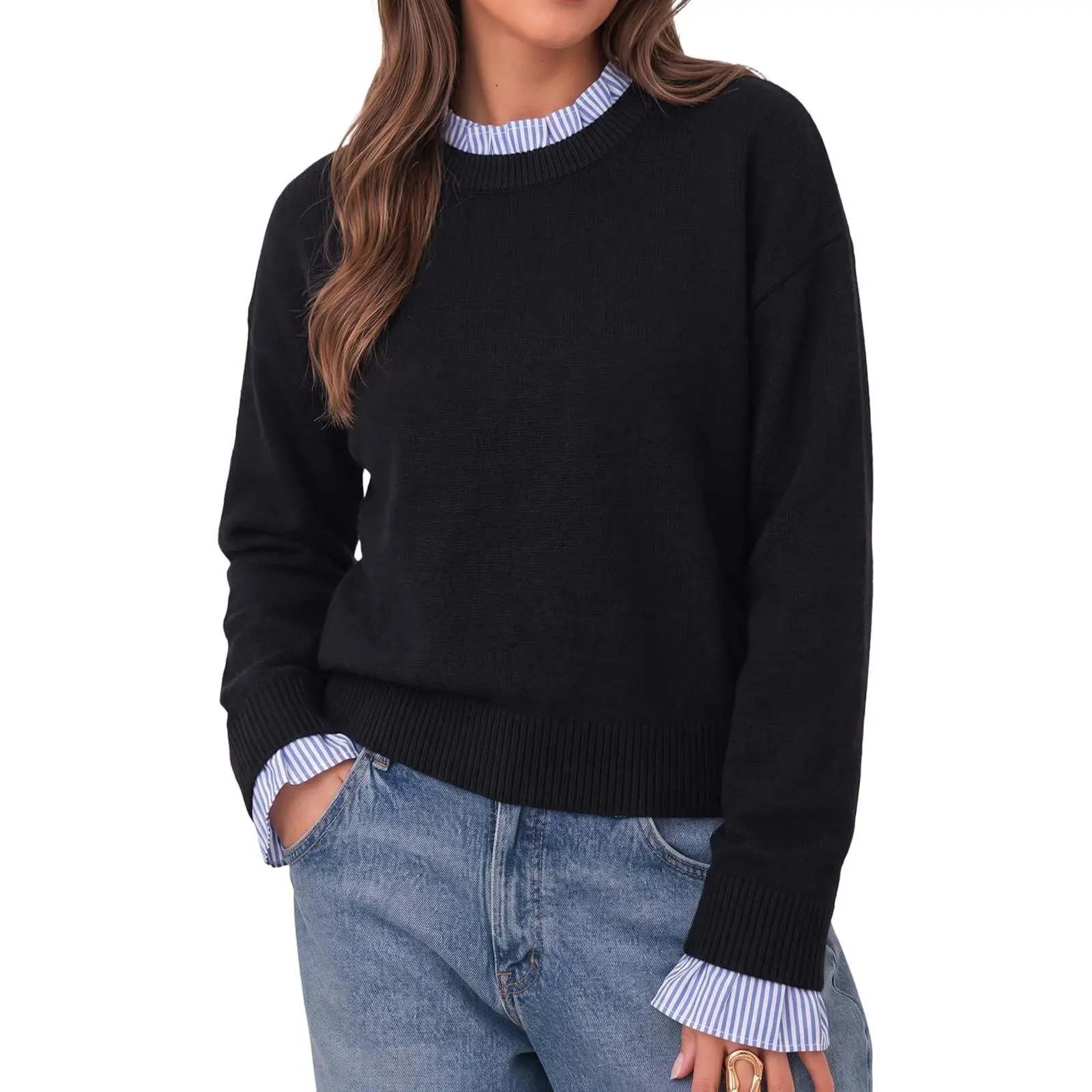 Cicy Bell Womens Long Sleeve Sweater Ruffle Crew Neck Patchwork Knit Tops | Striped Cuff Pullover Sweater, Fall Winter, Ribbed Knit, Loose Fit, Drop Shoulder