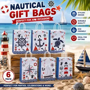 6pcs Nautical Theme Gift Bags, Ocean Themed Paper Gift Bags with Handles, Cute Marine Gift Bags, Reusable and Durable, Ideal for Kids Gifts
