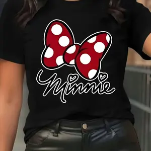 Minnie-style Red Polka Dot Bow and Handwritten "Minnie" Pattern Summer New Women's T-shirt Short Sleeve Top Casual Fashion Printed T-shirt for Women Elegant Women's Clothing