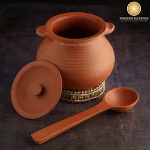 Unglazed Clay Pot for Cooking with Lid/ LEAD-FREE Indian Earthen Handi/ Swadeshi Blessings Exclusive Range/ Curd Pot/ Curry, Biryani Pots