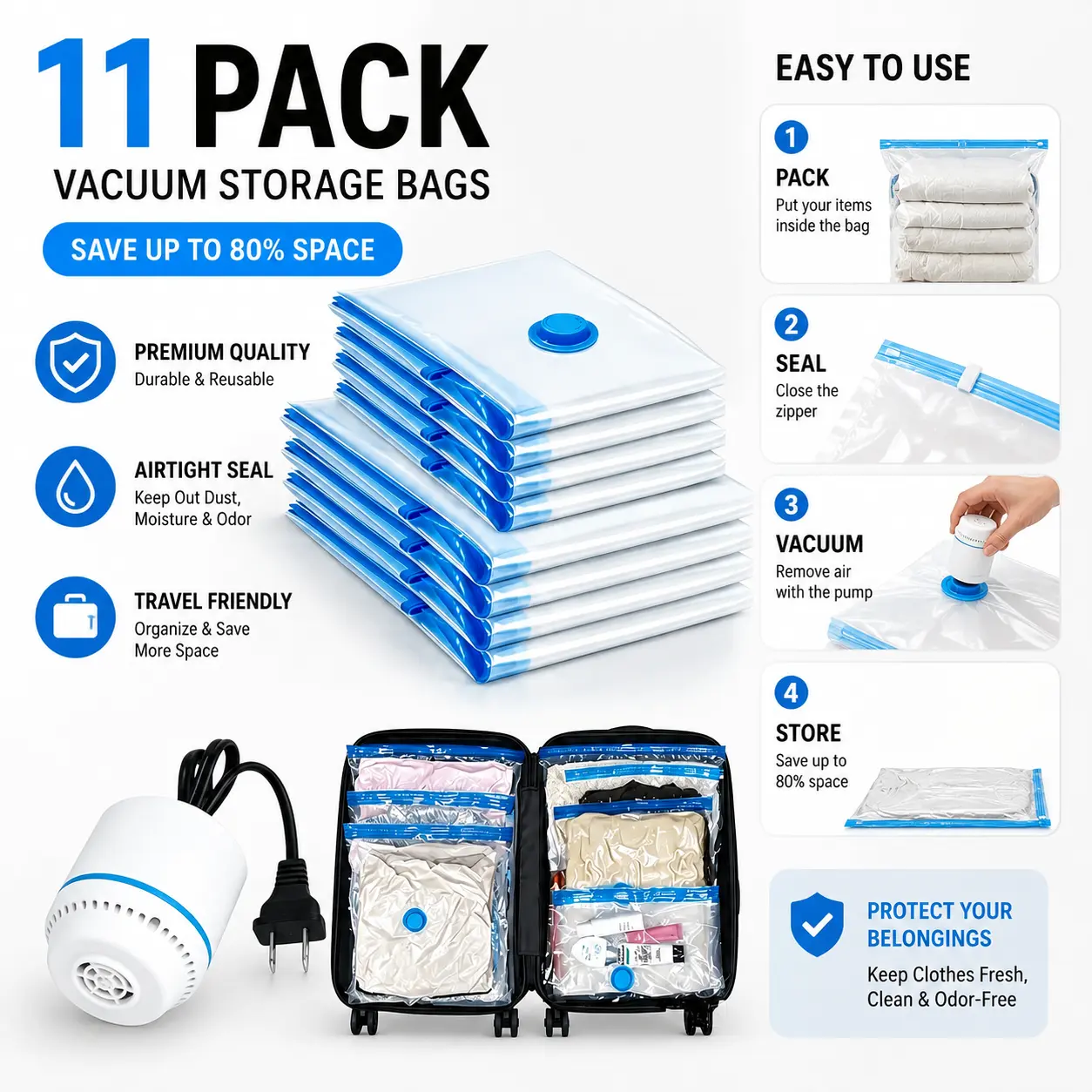 2026 model 11-pack multi-size compressed vacuum storage bags, with an electric pump included. Made of PE + PA material, perfect for compressing clothes, bedding, pillows, essential for camping and travel.