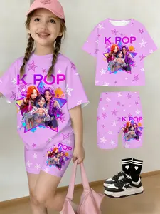 Summer Girls' Set, Drop Shoulder Short Sleeve Yoga Pants Two-Piece Set, Light Starlight K-Pop Cartoon Print, Casual for Daily Wear, Summer Clothing Set