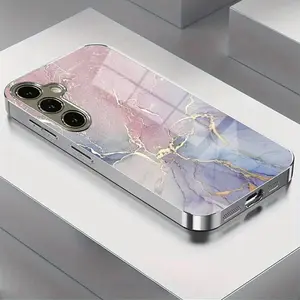 Marble Print Protective Phone Case Cover, Stylish Electroplated Tempered Glass Design, Compatible with Samsung Galaxy Series, Sleek and Elegant Style