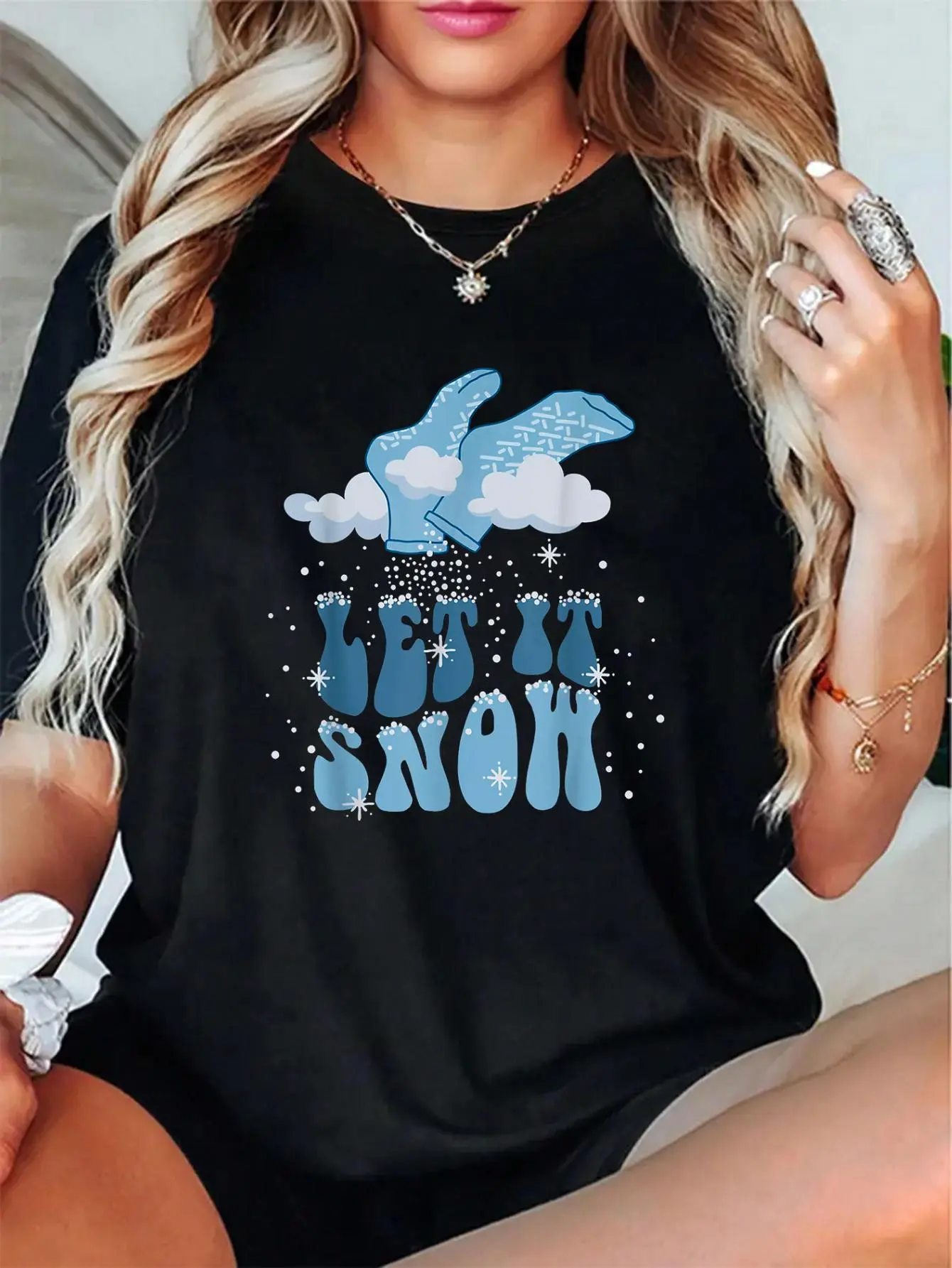 Women's 100% Cotton Short-Sleeve T-Shirt - Breathable Casual Cute Fit Style Unisex PCT Patient Care Tech Top, Everyday Fabric, Christmas Let It Snow Happy Letter Snowflake Design, Autumn Wear, Tee, Letters