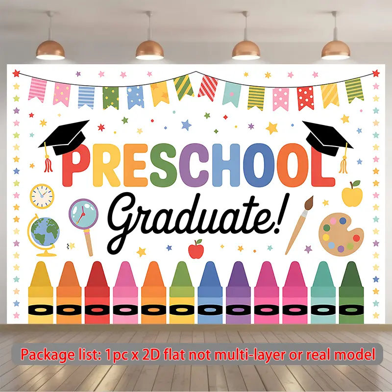 Preschool Theme 2D Print Lightweight Polyester Flat Banner - Durable Colorful Playful Fabric for Preschool Graduate Celebrations, Wedding Activities, Classrooms