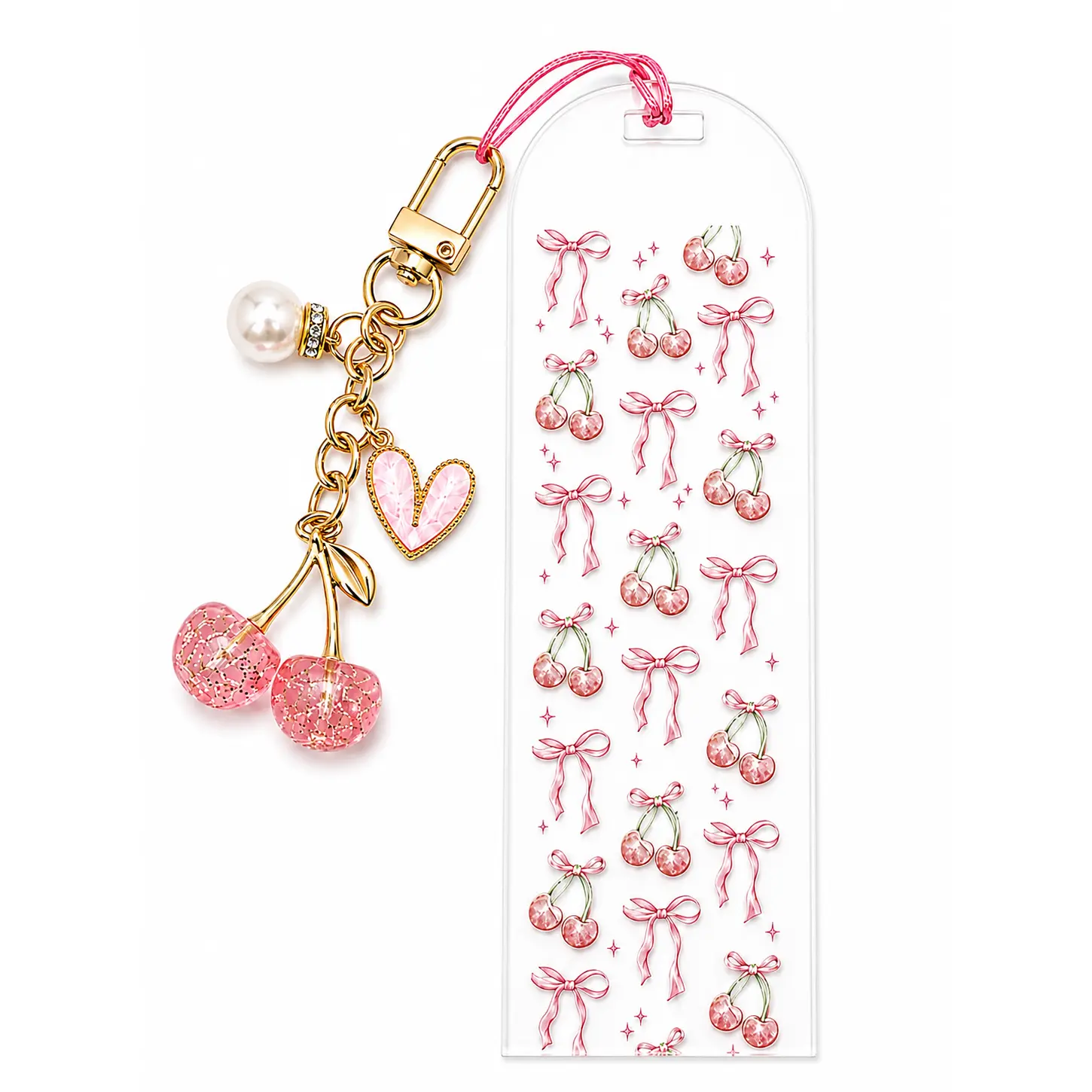 Coquette Cherry Bow Acrylic Bookmark - Handmade Pink Girly Bookmark with Glitter Cherry Charm