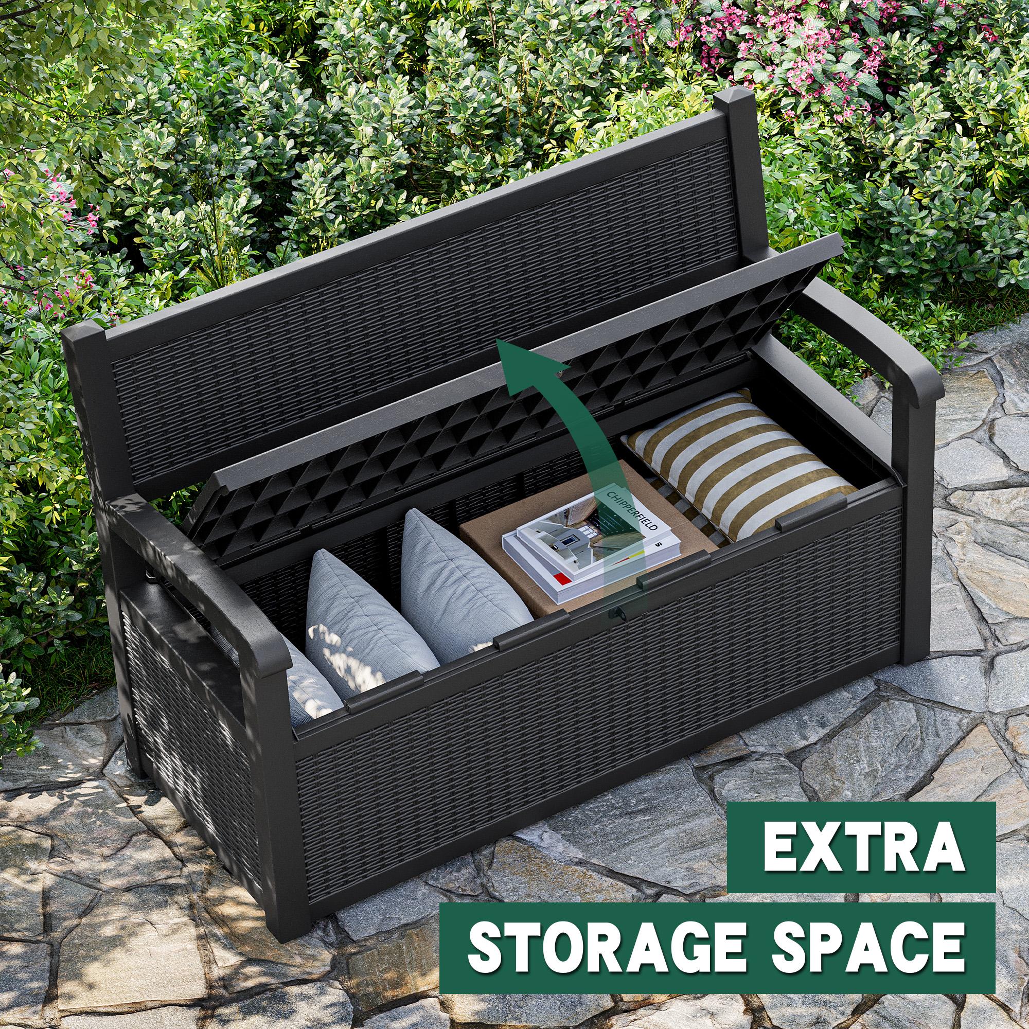 RIWENGO 70 Gallon Storage Bench Deck Box with Armrest for Patio Furniture Outdoor Storage Water Resistant Durable Secure Locking System