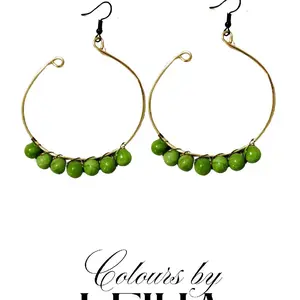 Copper Hoop Earrings - Handmade Vegan Earings with Green Beads, Vintage Retro Design, Women's Accessory for Any Occasion