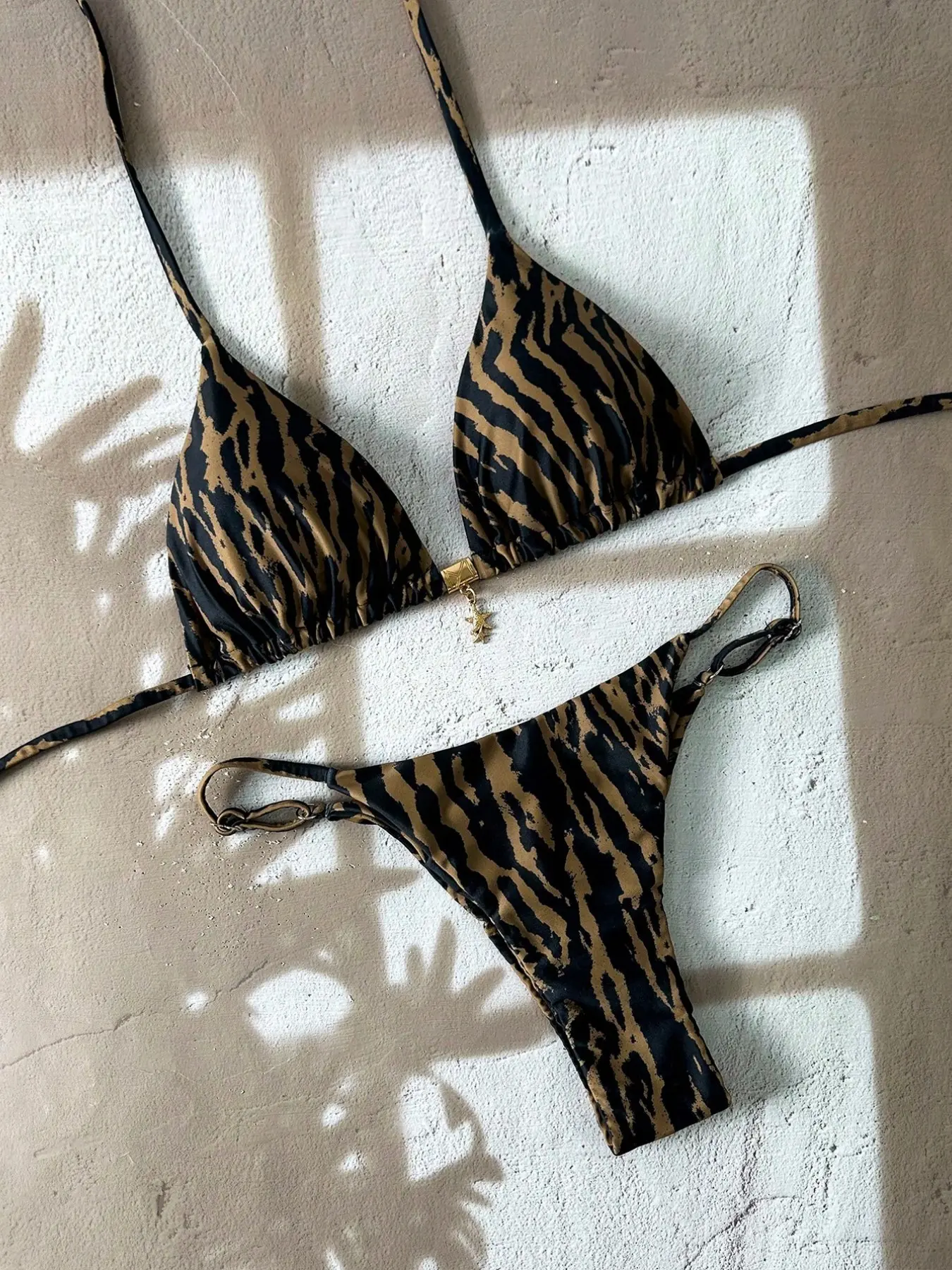 Wild Tiger Stripe Triangle Bikini, Metal Ring Buckle Thong Swimsuit, Sexy Beachwear, All Seasons, Women's Swimwear, Striped Bikini Sets