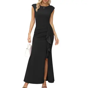 Women's Cap Sleeve Round Neck Ruffle Split Bodycon Mermaid Hem Evening Cocktail Long Dress