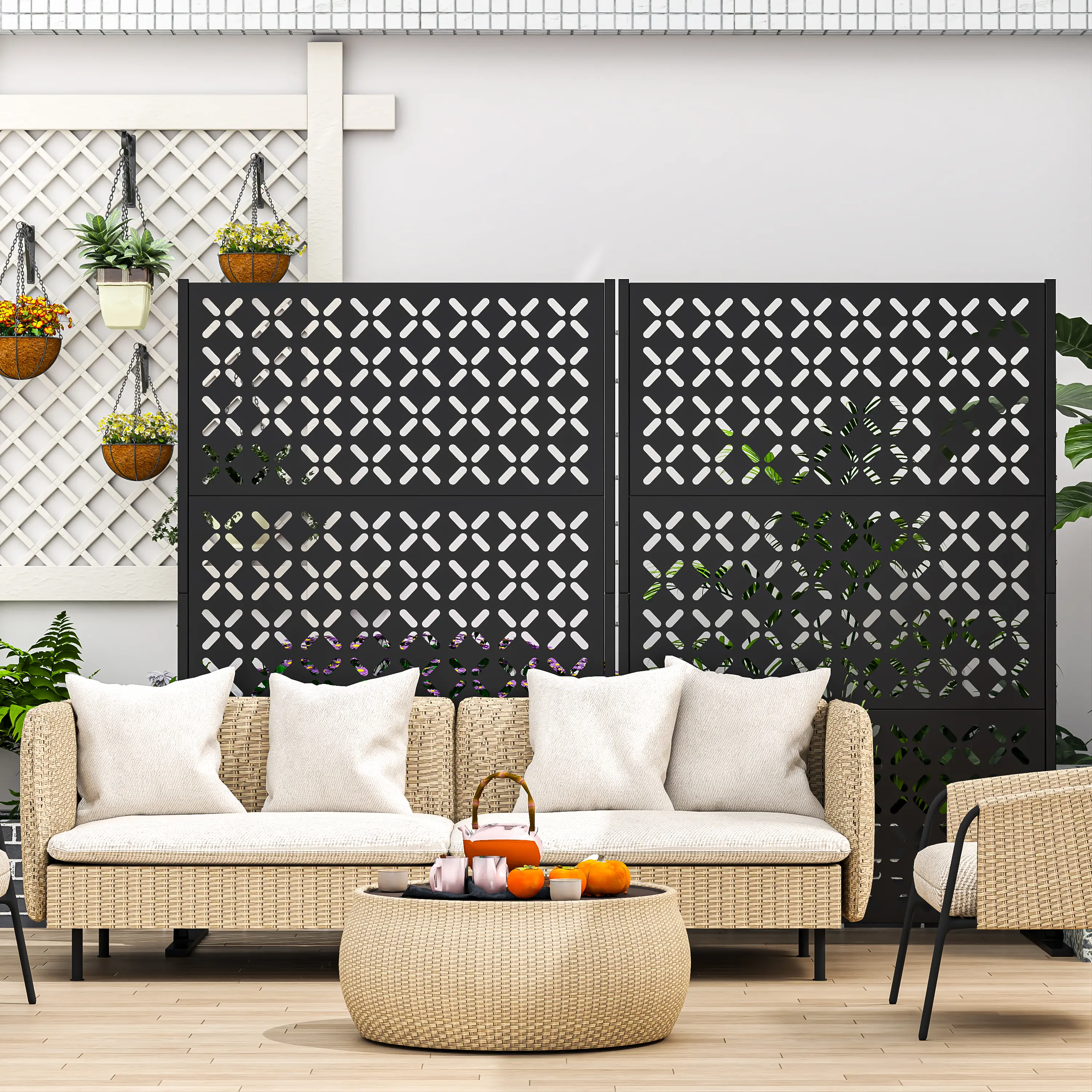 Outdoor Metal Privacy Screen 72"H, Freestanding Decorative Privacy Fence with Sturdy Stands, Privacy Shield Panel for Garden, Balcony, Courtyard & Indoor Partition