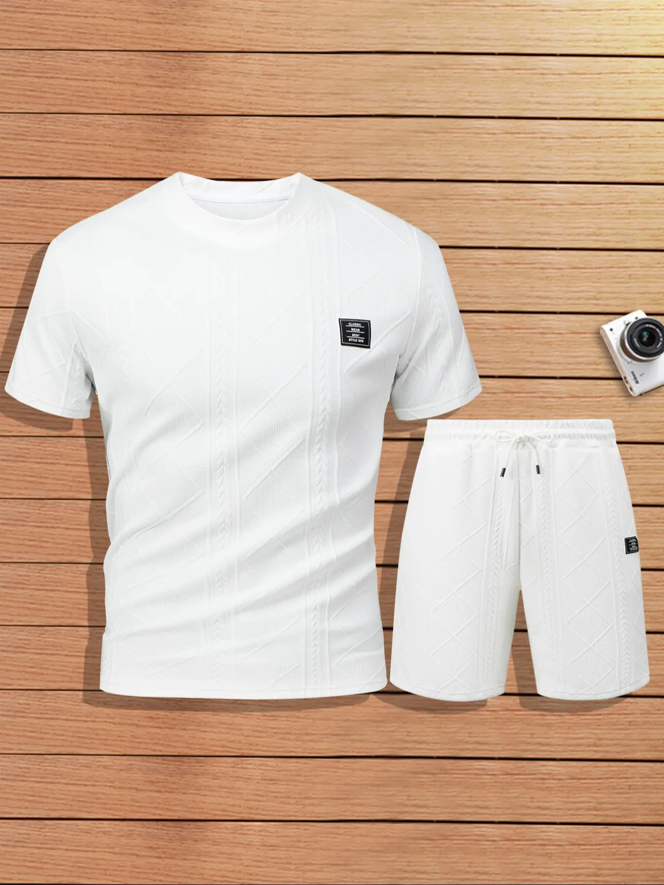 Men's Fashion Jacquard Knit Fabric Tee & Drawstring Shorts Set, Clothes, Outfit, Casual Style for Daily Wear, Comfortable Fit for Everyday Activities, Menswear