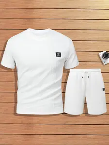 Men's Fashion Jacquard Knit Tee & Drawstring Shorts Set, Casual Style for Daily Wear, Comfortable Fit for Everyday Activities, Menswear
