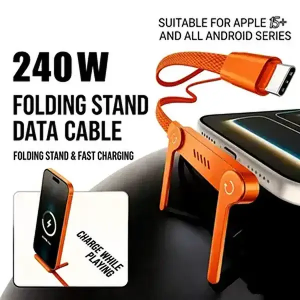 【DealsForYouDays】240W SuperCharge 2-in-1 Detachable Type-C Single-Head Cellphone Charger Extension with 360° Rotating Invisible Stand, Zinc Alloy Silicone Build, Apple/Samsung Compatibility, Gaming/Car Use Cable, 360° Rotating Stand, Single-Head Design