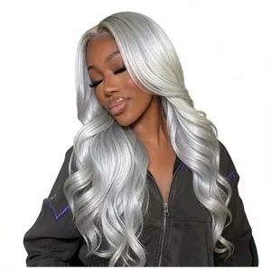 PUHPUH 13x6 Grey Lace Front Wigs Human Hair Pre Plucked With Baby Hair 180 Density Glueless HD Transparent Lace Frontal Body Wave Wigs Human Hair For Black Women Silver Grey Colored Wig 26 Inch Adjustable Straps Easy To Wear Breathable Comfortable