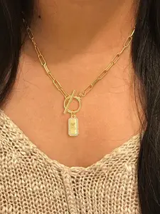 1Pcs Rectangle Initial Pendant Necklace For Women Simple Classic Toggle Clasps Stainless Steel Paper Clip Chain Necklace For Women