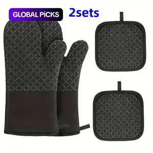 Silicone Heat Insulated Oven Mitts & Pot Holders Set (4 Counts/set), 2 Counts Non-slip Heat Resistant Oven Gloves & 2 Counts Insulation Pads for Kitchen Baking, Cooking, Bakeware, Kitchenware