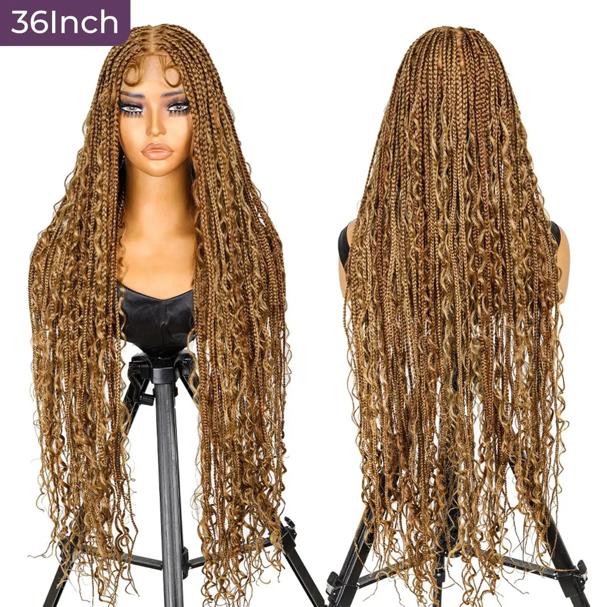 YMSGIRL 36" Piano Boho Braids Wig | #P30/27 Highlight Mix With Wavy Ends | Glueless Full Lace Knotless Wig For Everyday Wear