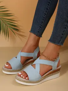 Summer New Plus Size Women's Stretch Toe Loop Wedge Platform Sandals, Daily Versatile Ladies Shoes in PU Material
