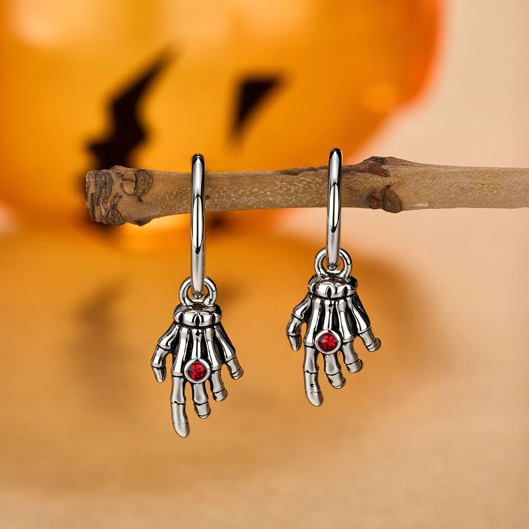 OUFER Female Stainless Steel Hooped Skeleton Hand Earrings with Red Gemstones, 16G 1PCS Helix Rook Piercing Halloween Costume Jewelry