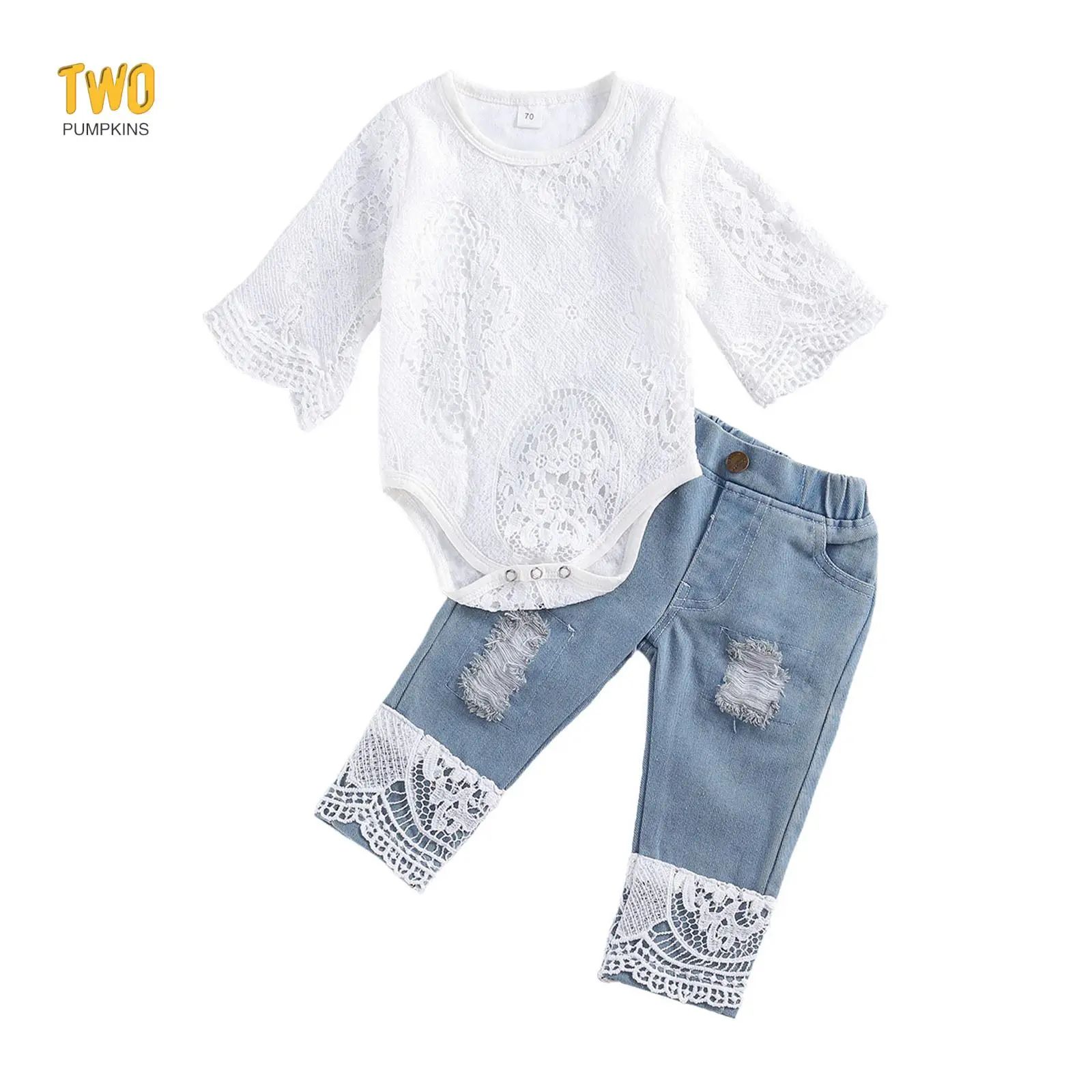 Baby Girls Summer Clothes Set Lace Hollow Out Long Sleeve Romper + Ripped Patchwork Jeans Infant Cute 2pcs Outfits