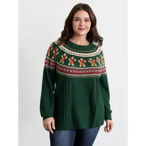 BLOOMCHIC Lady's Plus Size Gingerbread Fair Isle Contrast Knitwear Sweater - Casual, Long Sleeves, Premium Fabric, Sizes M-6X, 2026 Summer Vibes,Spotlight,Summer wins,Deals for you days