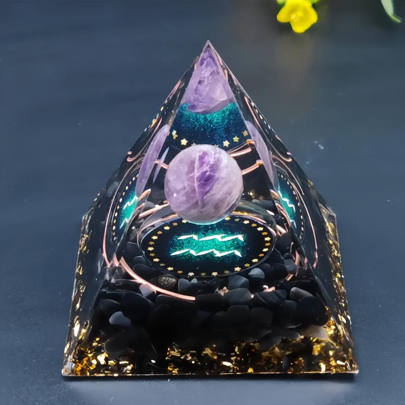Orgone 12 Constellation Crystal Pyramid - Amethyst & Obsidian Mineral Art | Zodiac-Inspired Desk Focus Decor resin decoration craft soft flame lighter 3d  fidget  star