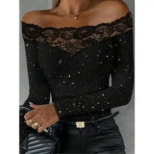 Elegant One-Shoulder Long Sleeve T-Shirt Top with Lace Trim and Sequins Design, Perfect for Women Attending Fashion Parties