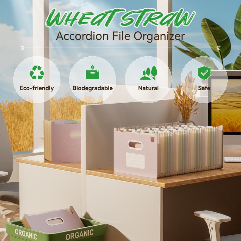 EcoStash Accordion File Organizer, 26 Pockets Wheat Straw Expanding File Folders, Upright&Open Top, A-Z Bill Receipt Organizer, 100% BPA Free, Return to Nature, Healthy Living, Letter/A4 Size
