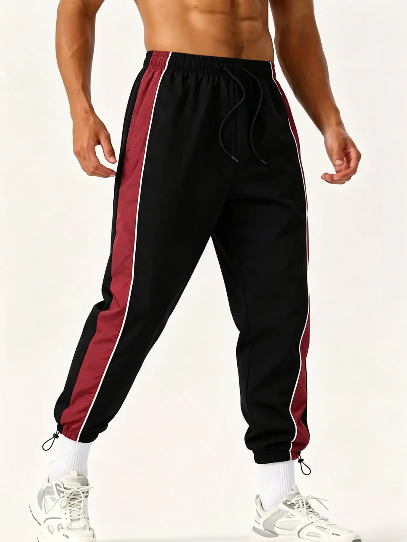 Retro Men's Black & Wine Red Side Stripe Track Pants Quick Dry Loose Fit Drawstring Elastic Waist with Adjustable Ankle Cuffs for Casual & Street Style