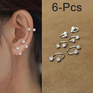 6PCS Exquisite Shiny Women Earrings Set - 3-sizes C-Shaped Drill Ball Earrings Sparkling Inlaid Cubic Zirconia Ear Bone Ear Studs Set Party Wedding Engagement Anniversary Jewelry Gift