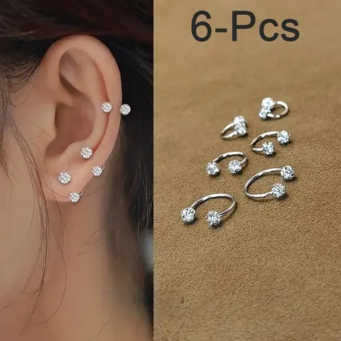 6PCS Exquisite Shiny Women Earrings Set - 3-sizes C-Shaped Drill Ball Earrings Sparkling Inlaid Cubic Zirconia Ear Bone Ear Studs Set Party Wedding Engagement Anniversary Jewelry Gift