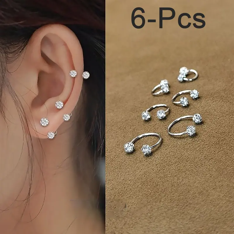 6PCS Exquisite Shiny Women Earrings Set - 3-sizes C-Shaped Drill Ball Earrings Sparkling Inlaid Cubic Zirconia Ear Bone Ear Studs Set Party Wedding Engagement Anniversary Jewelry Gift