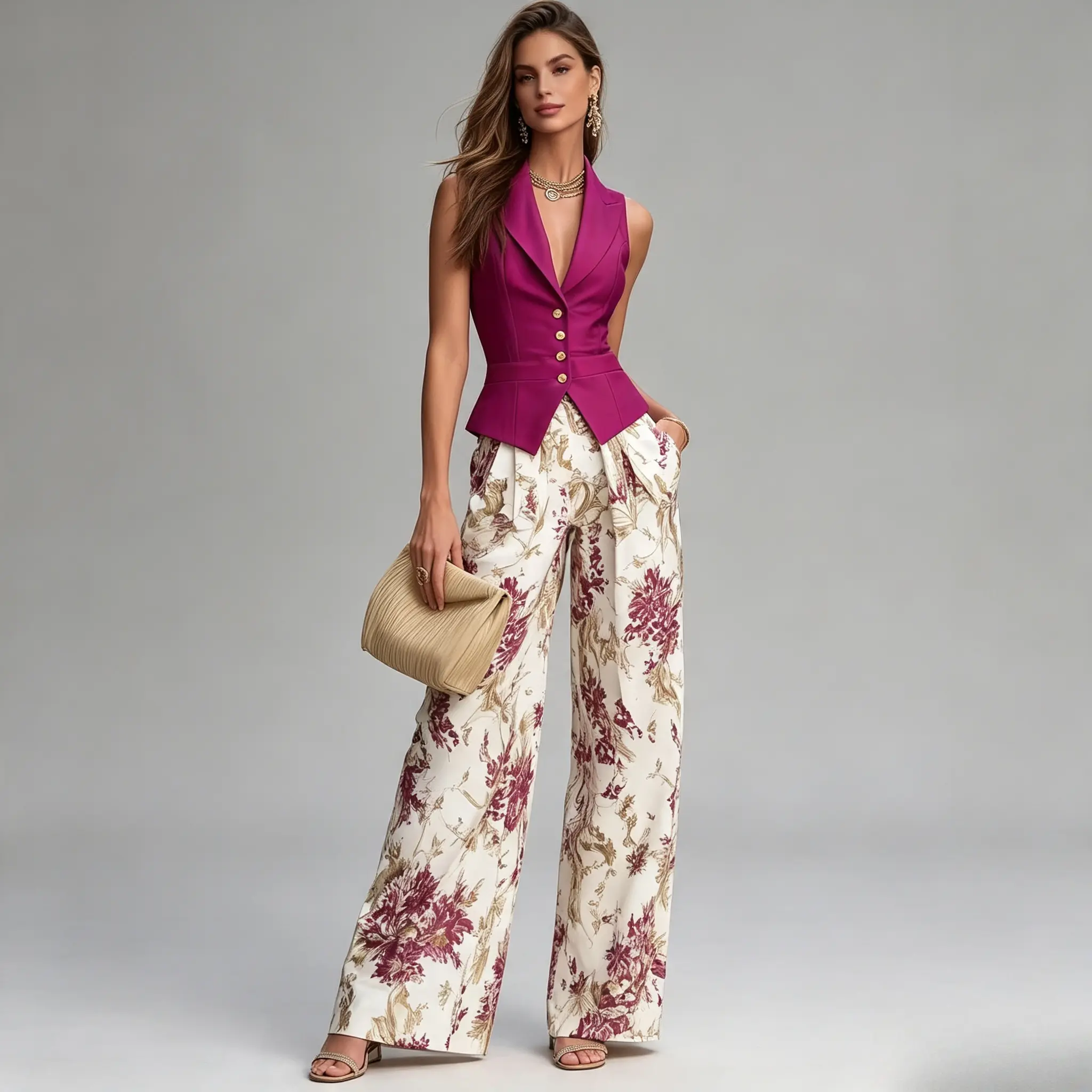 Women 2 Piece Outfits Sleeveless Blazer Vest & Floral Print Wide Leg Pants Set, V Neck Fitted Waistcoat Trouser Suit