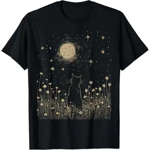 Unisex Floral Black Cat Moon Halloween Cottagecore Aesthetic T-Shirt